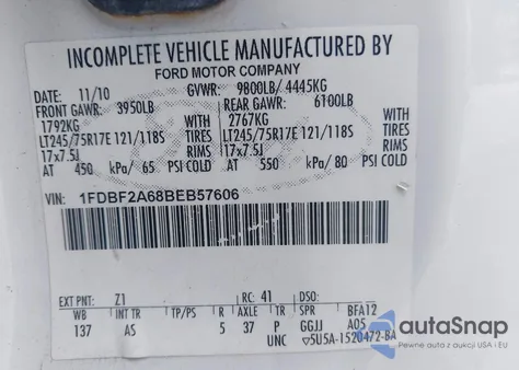 2011 Ford F-250 Xl z USA, uszkodzony, nr VIN 1FDBF2A68BEB57606